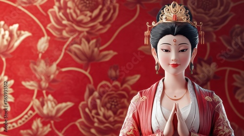 3D Cartoon Goddess Kwan Im - Full-Body Portrait in Red Chinese Pattern Background, Superb Studio Details photo