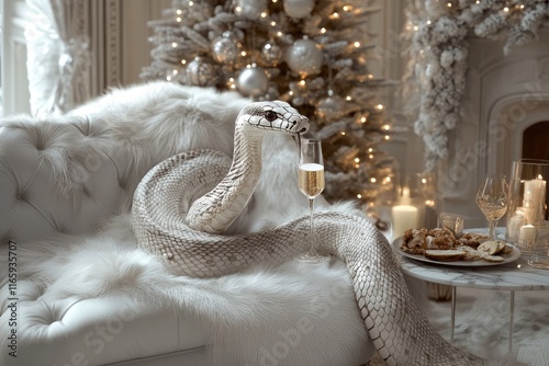 A snake with a glass of champagne, the symbol of the year 2025 in a bright interior, against the background of a Christmas tree.