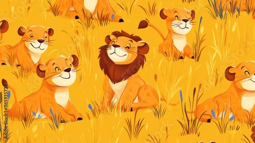 Happy lion family in tall grass. photo