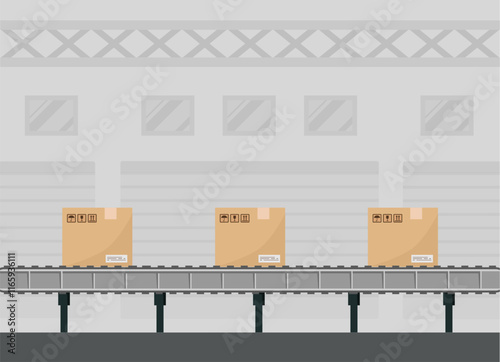 Packing box conveyor. Industrial robot working at warehouse service. Vector stock