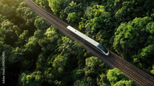 High-speed train traveling through lush green forest.