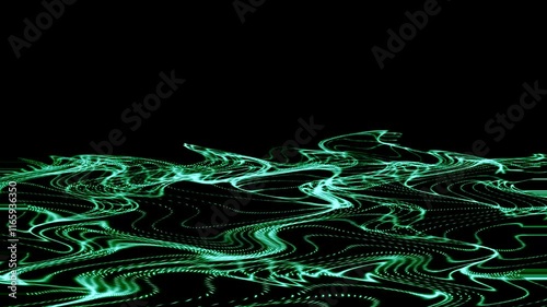 Horizontal flat green, celadon wavy networks created from dust particles on a black background, abstract.