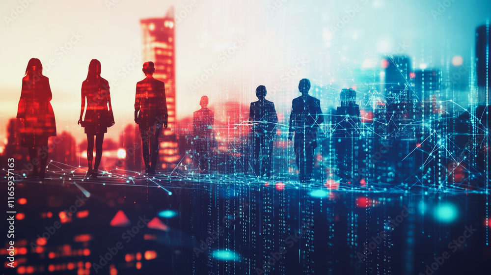 Abstract business team stands on the peak of success amid tall, innovative Smart city and graphs with statistics to analyze business potential and predict future developments in company growth. Abstract business team stands on the peak of success amid tall, innovative Smart city and graphs with statistics to analyze business potential and predict future developments in company growth.