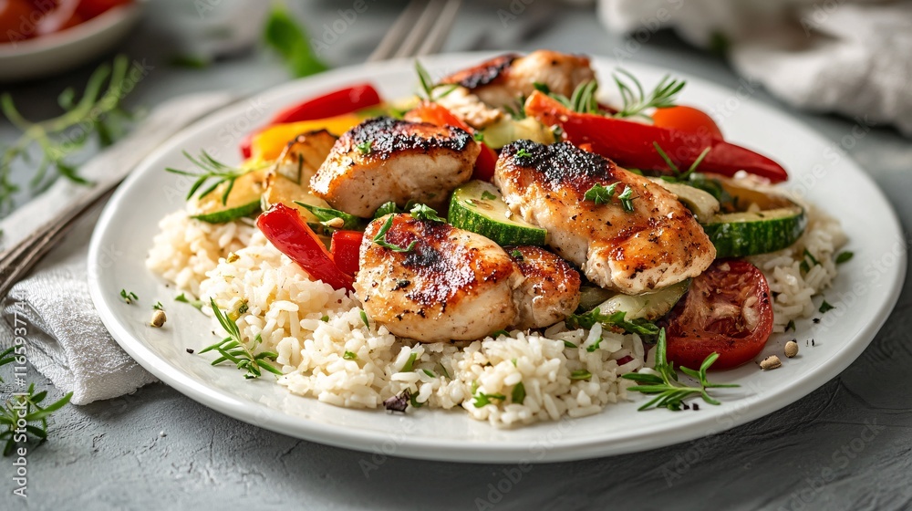 Delicious grilled chicken served on a bed of rice with colorful vegetables, creating a vibrant and appetizing meal. Delicious grilled chicken served on a bed of rice with colorful vegetables, creating a vibrant and appetizing meal.