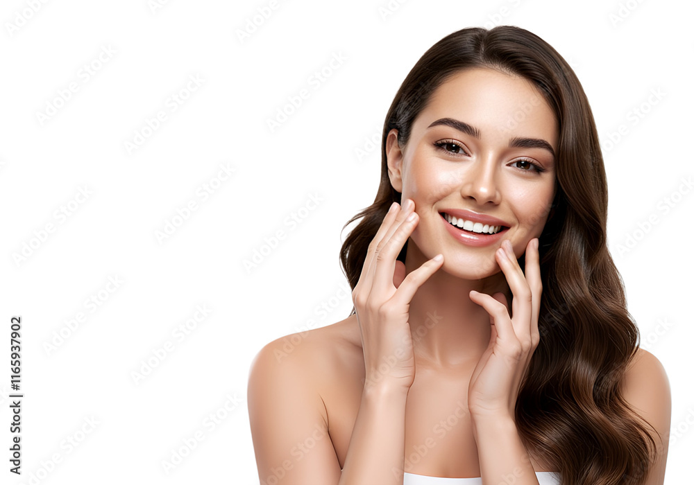 Woman smiling while touching her flawless glowy skin with copy space for your advertisement, isolated Woman smiling while touching her flawless glowy skin with copy space for your advertisement, isolated