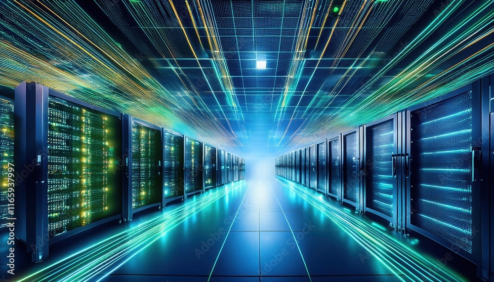 Obraz premium A futuristic data center with rows of servers, illuminated by vibrant blue and green lights, showcasing advanced technology and connectivity.
