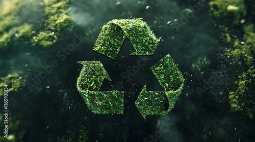 A textured green recycling symbol made of grass, promoting environmental sustainability and eco-friendly practices. photo