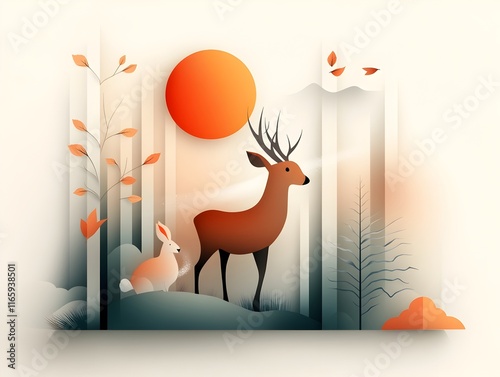 Minimalist Line Art Depiction of Deer and Rabbits Attuned to Nature s Subtle Cues Detecting Scent Trails in a Serene Forest Glade with Muted Color Palette and Expressionist Style photo