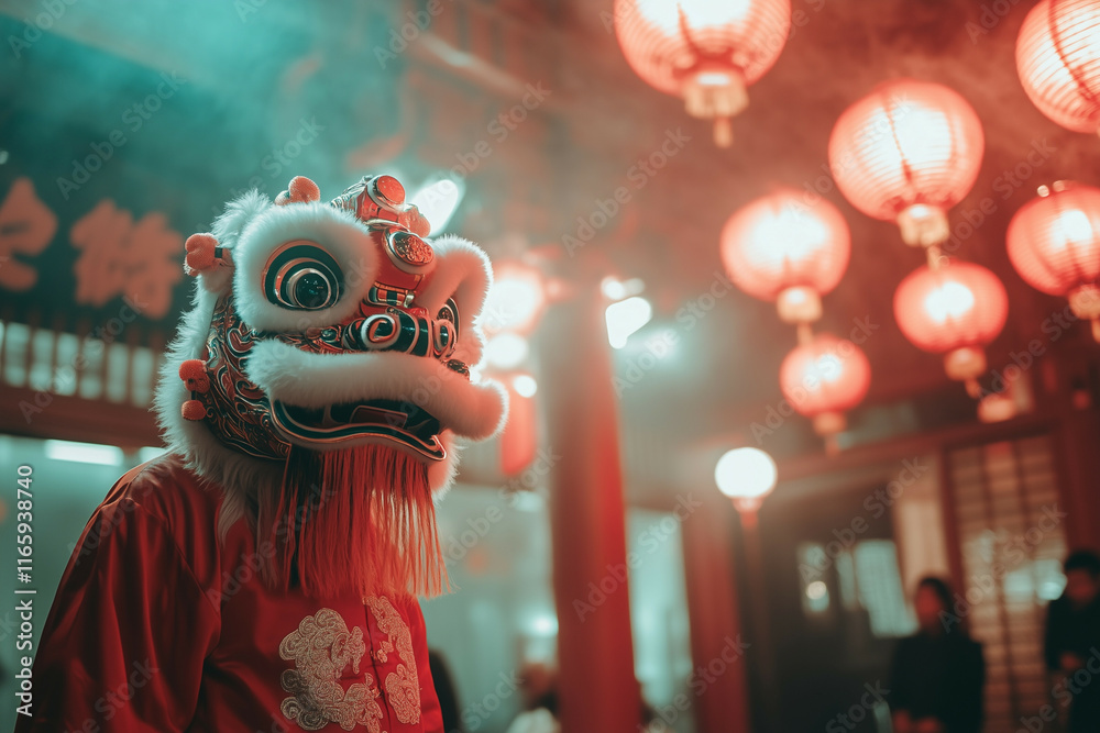 Obraz premium A lion dance performance in front of glowing lanterns and firecrackers, showcasing the rich traditions and festive spirit of the Chinese New Year.