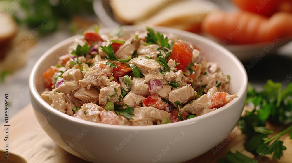 A vibrant bowl of gourmet chicken salad with fresh vegetables and herbs, perfect for a light meal. A vibrant bowl of gourmet chicken salad with fresh vegetables and herbs, perfect for a light meal.
