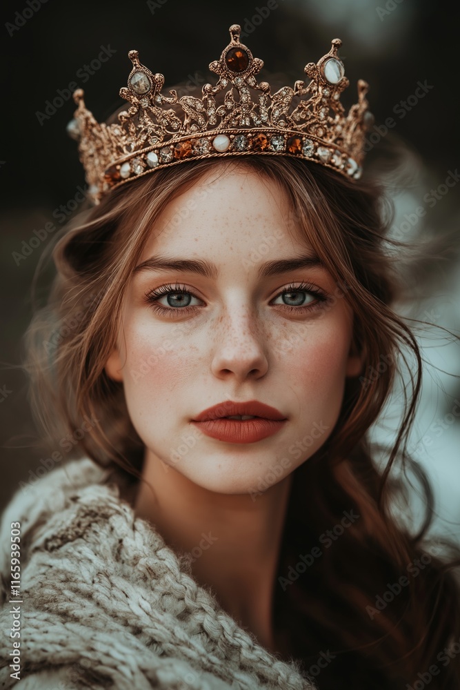 Fototapeta premium An enchanting young woman with a crown in a serene winter landscape.