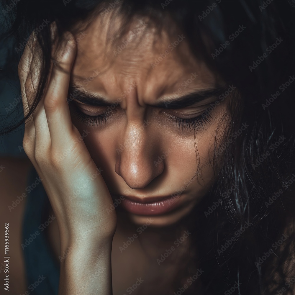 A young woman with furrowed brows holds her head in distress, capturing an intense emotional moment. A young woman with furrowed brows holds her head in distress, capturing an intense emotional moment.
