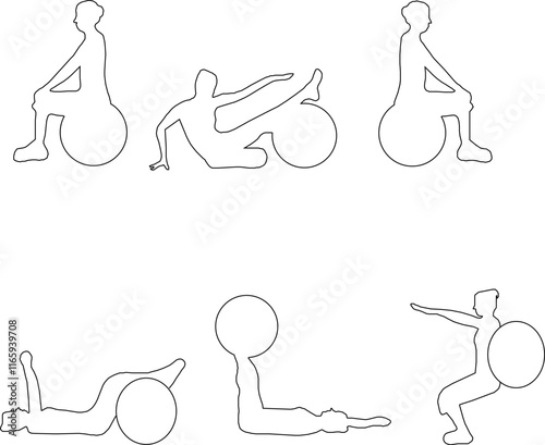 vector sketch illustration of a silhouette design of a person exercising Pilates movements using a ball.eps