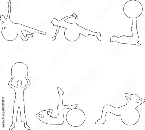 vector sketch illustration of a silhouette design of a person exercising Pilates movements using a ball .eps