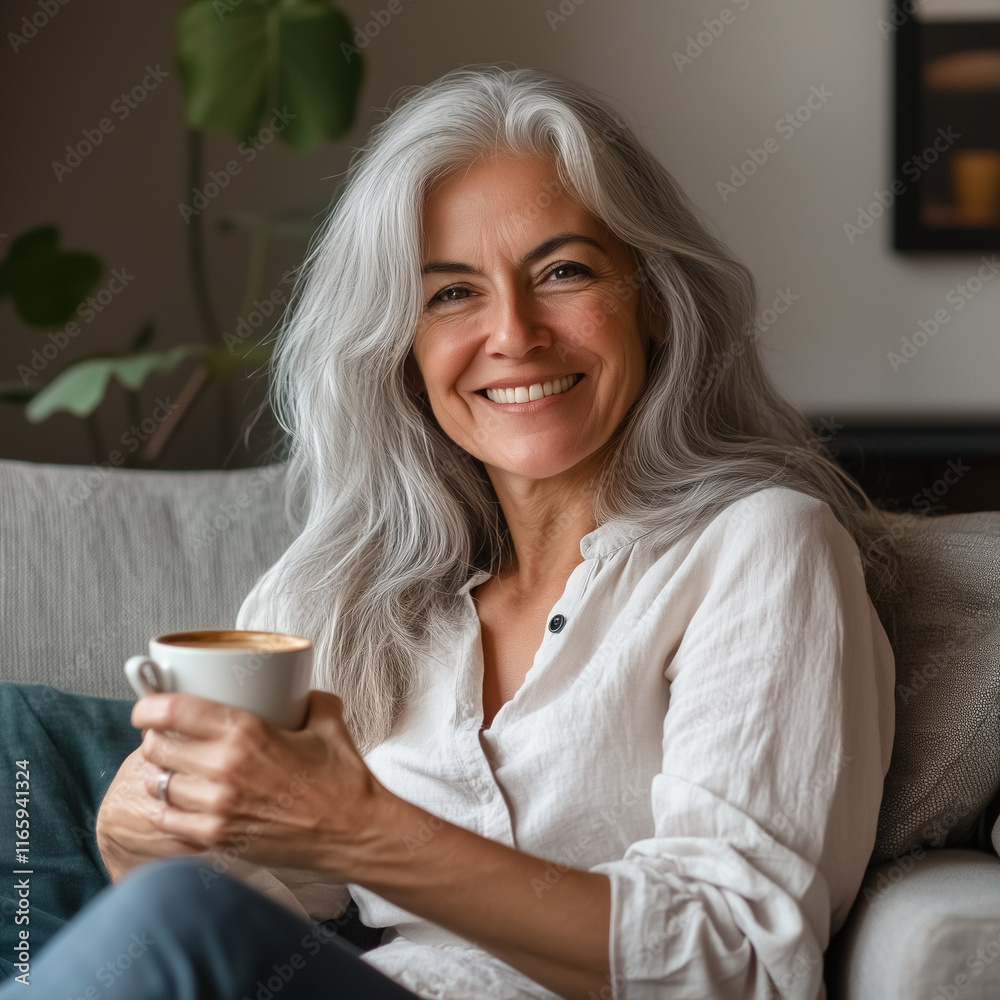 Graceful in Grey, woman drinking coffee Graceful in Grey, woman drinking coffee