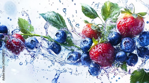 Fresh strawberries and blueberries splashing in crystal clear water, creating a vibrant and refreshing scene.