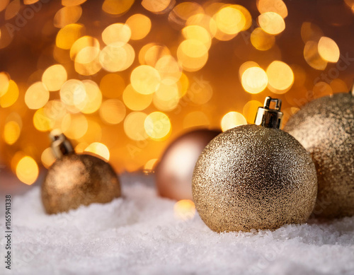 christmas baubles on snow close up photo winter holidays background golden lights