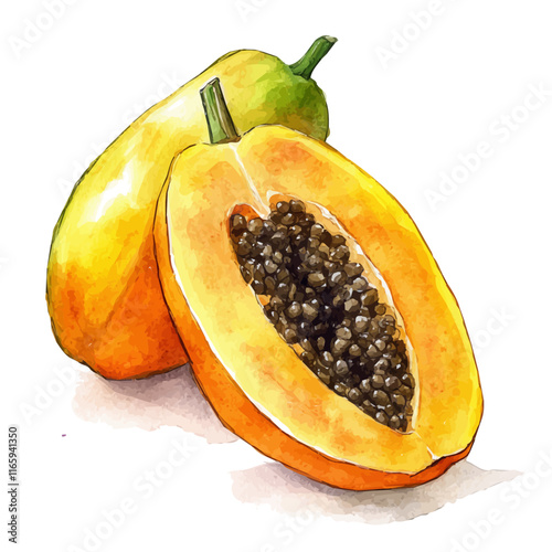 A watercolor drawing of a papaya, isolated on a white background. Papaya vector.
