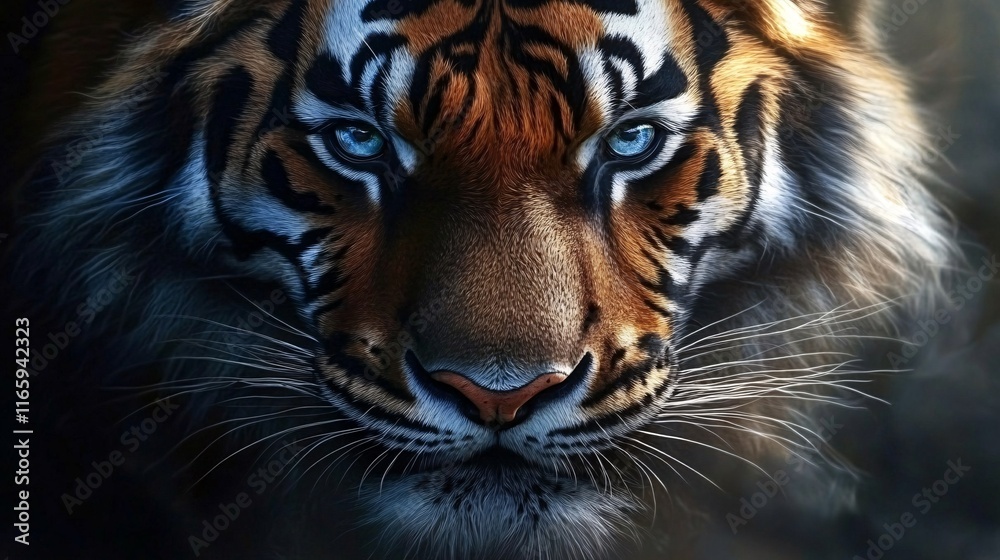 Obraz premium Close-up of a fierce tiger with striking blue eyes and bold orange and black stripes, showcasing its powerful presence.