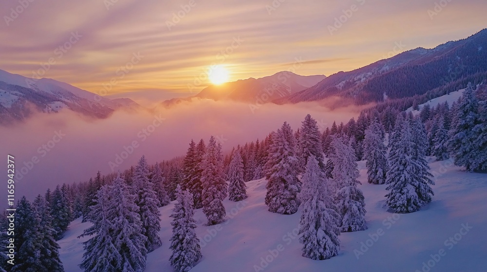 Obraz premium Breathtaking winter sunset over snow-covered mountains and pine trees, creating a serene and magical landscape.