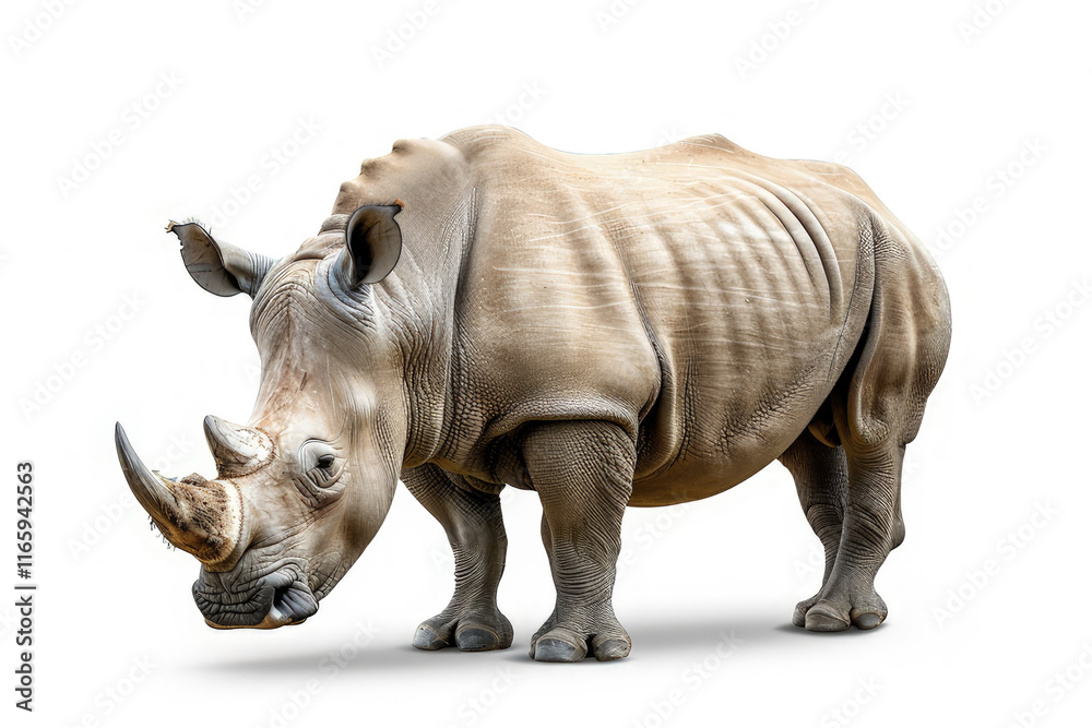 Fototapeta premium A realistic depiction of a rhinoceros standing on a white background.