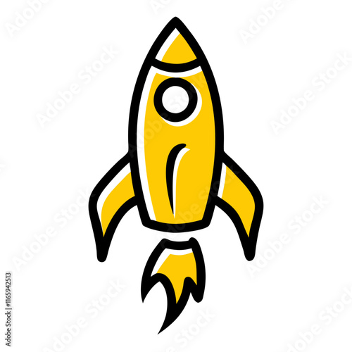 Colorful cartoon rocket illustration in yellow and black on a white background
