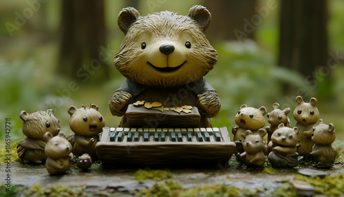 A whimsical bear figurine plays a miniature keyboard for an audience of adorable, tiny bear figurines in a forest setting.  The scene is charming and evokes a sense of childlike wonder. photo