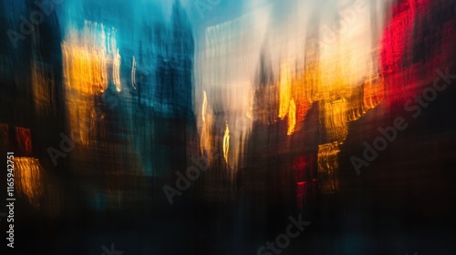 A blurred cityscape with vibrant lights creating an abstract, dreamy atmosphere.