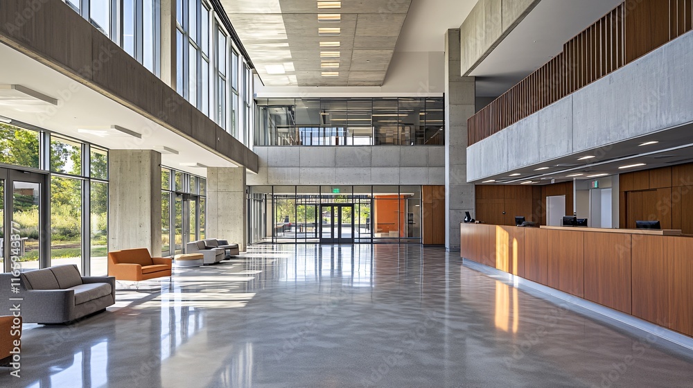 Modern interior of a spacious lobby featuring sleek design and natural light. Modern interior of a spacious lobby featuring sleek design and natural light.
