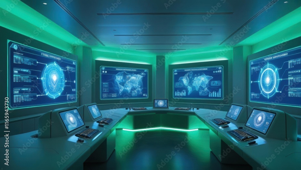 A futuristic control room featuring multiple high-tech screens and green ambient lighting, designed for data monitoring and analysis. A futuristic control room featuring multiple high-tech screens and green ambient lighting, designed for data monitoring and analysis.