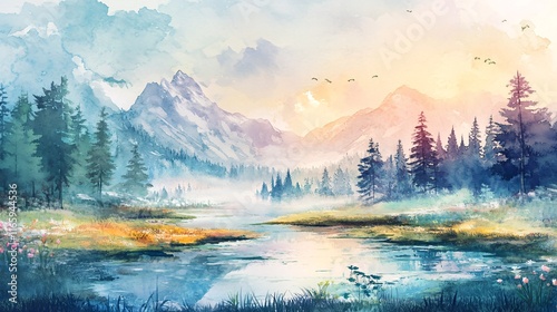Fototapeta Naklejka Na Ścianę i Meble -  A serene watercolor landscape featuring mountains, a tranquil lake, and lush vegetation at sunrise.