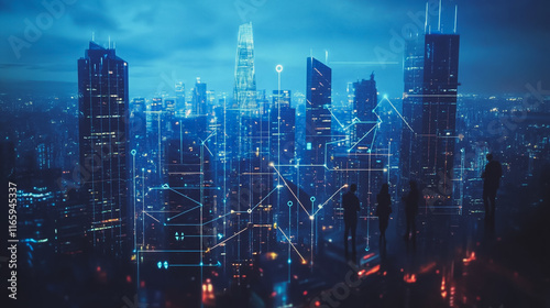 Wallpaper Mural Abstract business team stands on the peak of success amid tall, innovative Smart city and graphs with statistics to analyze business potential and predict future developments in company growth. Torontodigital.ca