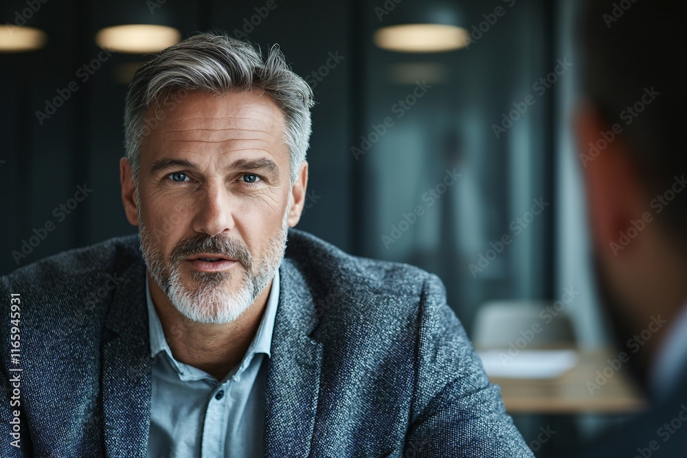 Obraz premium Confident Male Interviewer Engaging in Business Discussion Office Setting Closeup View Professional Environment