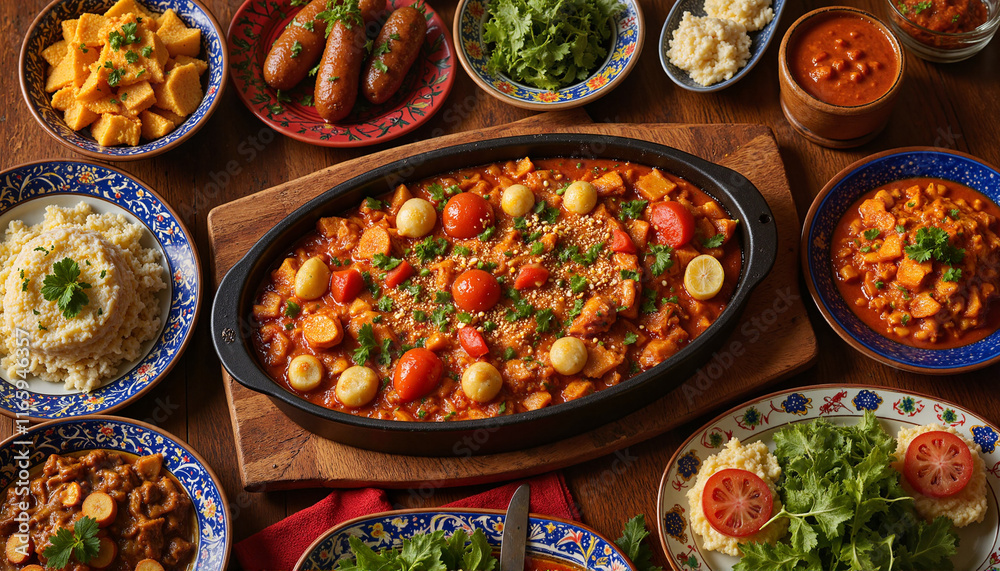 Traditional Bobotie served in a platter with side dishes on a rustic wooden table setting Traditional Bobotie served in a platter with side dishes on a rustic wooden table setting
