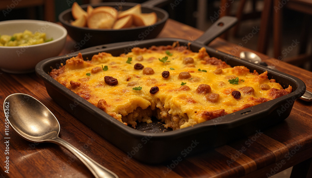 Delicious Bobotie dish served in a skillet on a rustic wooden table with side dishes
Delicious Bobotie dish served in a skillet on a rustic wooden table with side dishes