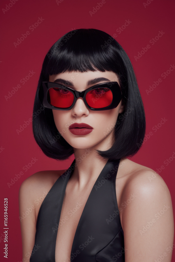 Stylish Woman Red Sunglasses Black Bob Hair Red Background Fashion Portrait Stylish Woman Red Sunglasses Black Bob Hair Red Background Fashion Portrait