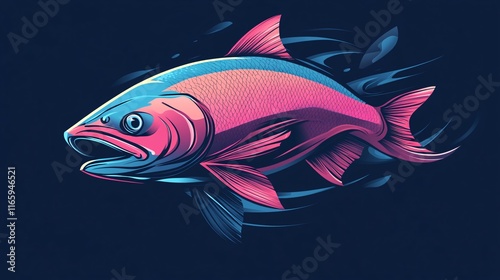 A vibrant and colorful fish illustration in shades of pink and blue, showcasing dynamic movement against a dark background. photo