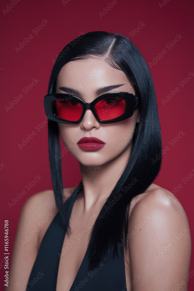 Stylish Woman Red Sunglasses Black Bob Hair Red Background Fashion Portrait Stylish Woman Red Sunglasses Black Bob Hair Red Background Fashion Portrait