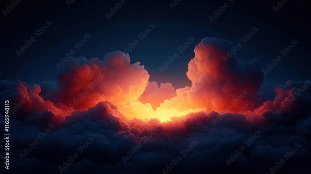 Naklejka premium Glowing orange light breaks through dark clouds.