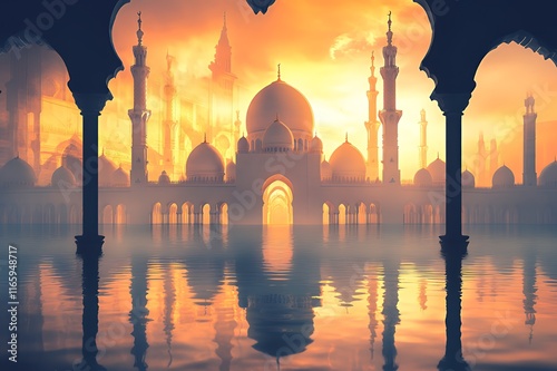 Majestic Mosque Reflecting In Calm Sunset Waters photo