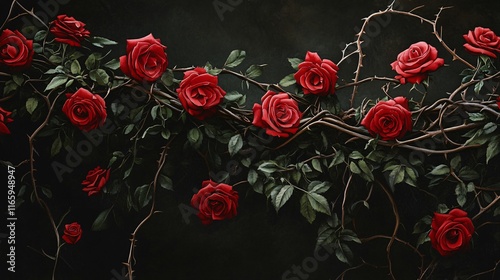 A stunning arrangement of vibrant red roses entwined with dark thorns against a moody background, creating an enchanting atmosphere.