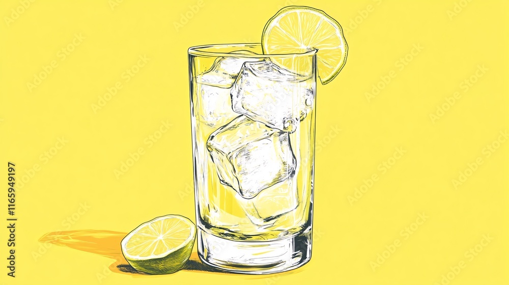 Refreshing lime beverage with ice on a vibrant yellow background. Refreshing lime beverage with ice on a vibrant yellow background.