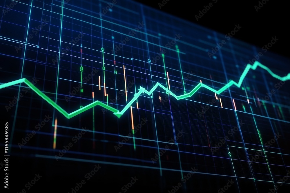 Stock market graph with upward candlestick charts and green arrows on a dark blue background, symbolizing financial growth. Stock market graph with upward candlestick charts and green arrows on a dark blue background, symbolizing financial growth.
