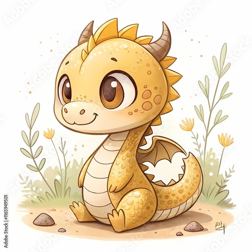 Charming illustration of a golden dragon with an endearing expression, sitting amidst a floral nature background. Ideal for children's content, fantasy themes, and lighthearted creative projects. photo