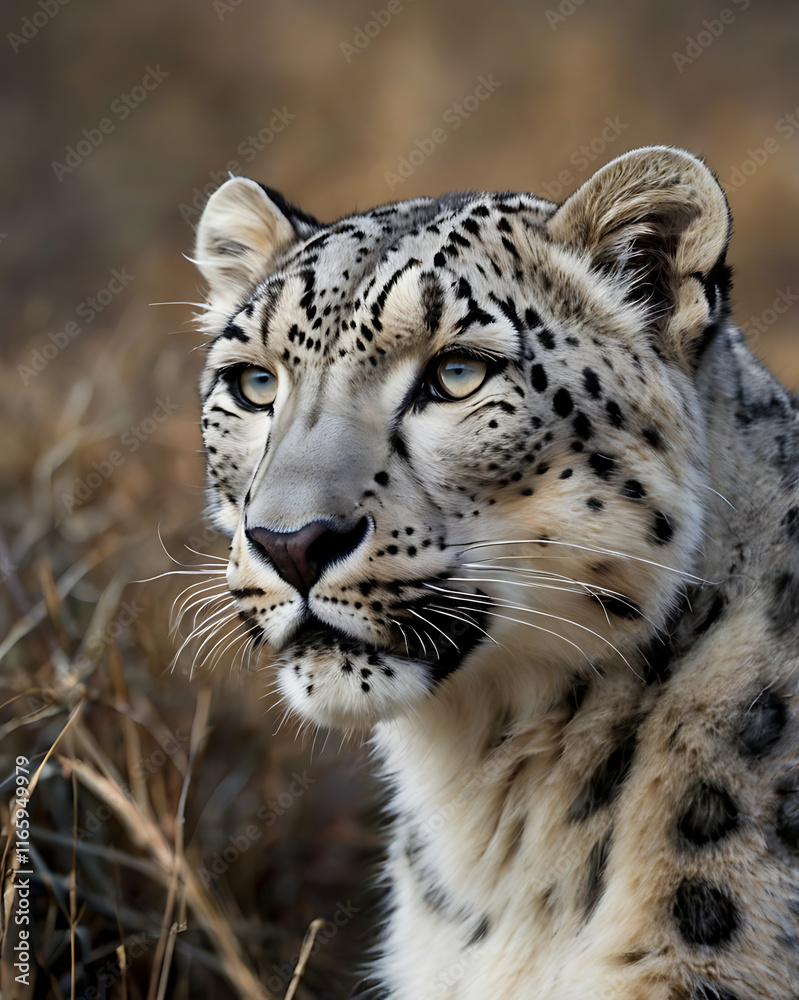 Obraz premium A close-up portrait of a majestic snow leopard in its natural habitat.