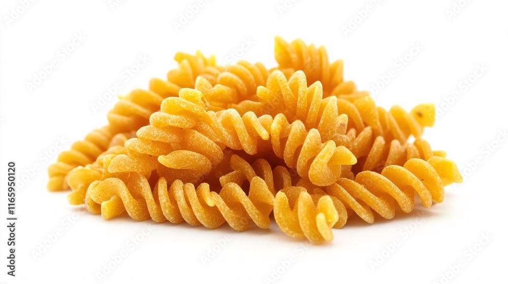 A vibrant pile of uncooked fusilli pasta showcasing its spiral shape and rich golden color. A vibrant pile of uncooked fusilli pasta showcasing its spiral shape and rich golden color.