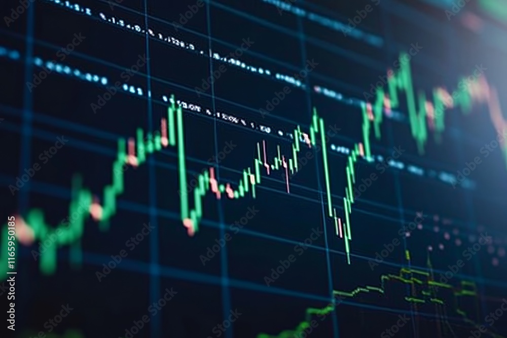 Stock market graph with upward candlestick charts and green arrows on a dark blue background, symbolizing financial growth. Stock market graph with upward candlestick charts and green arrows on a dark blue background, symbolizing financial growth.