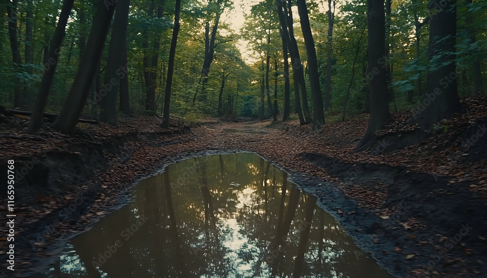 Obraz premium Serene autumnal forest path reflecting in a tranquil puddle; sunlight filters through leaves creating a magical atmosphere.