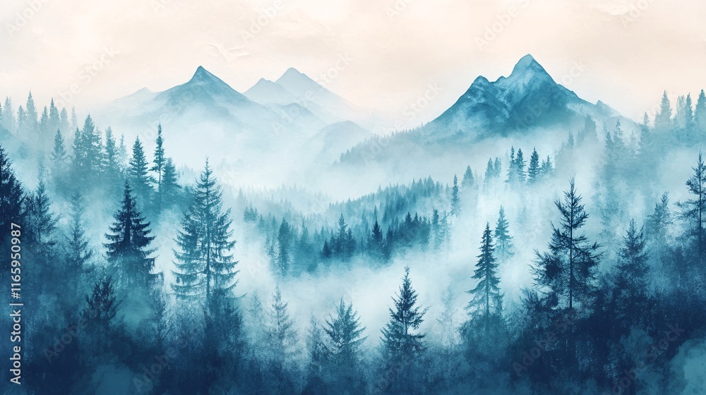 Fototapeta premium Serene blue mountain landscape with evergreen trees shrouded in mist, creating a tranquil and calming atmosphere.