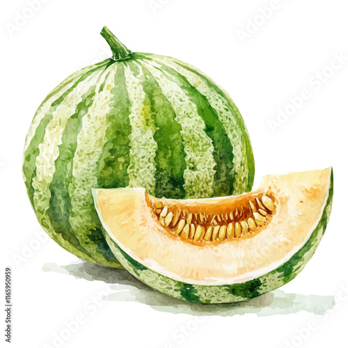 A watercolor painting of a melon, isolated on a white background. Melon vector.
